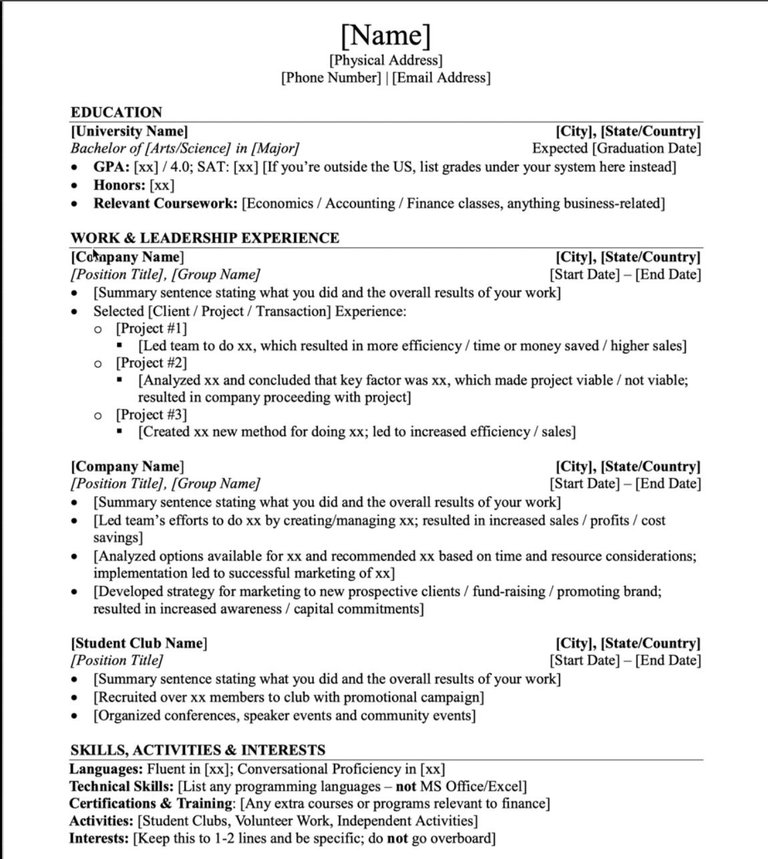 One-page investment banking resume template: name and contact header, Education section with marks and relevant coursework, Work and Leadership Experience with verb-first result bullets, and a Skills, Activities and Interests block